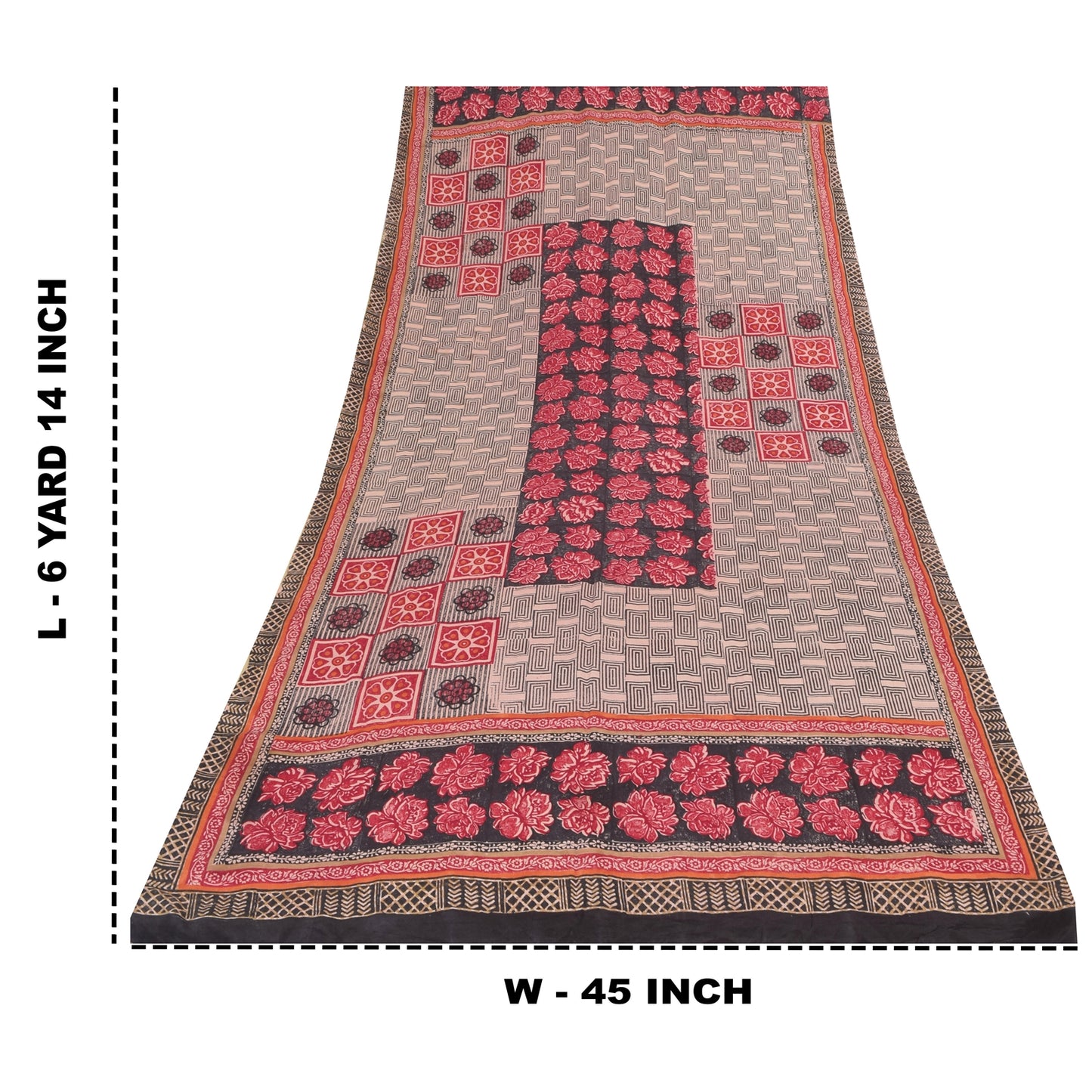 Sanskriti Vintage Sarees Red/Black Pure Crepe Silk Print Sari 6+yd Craft Sustainable Fabric