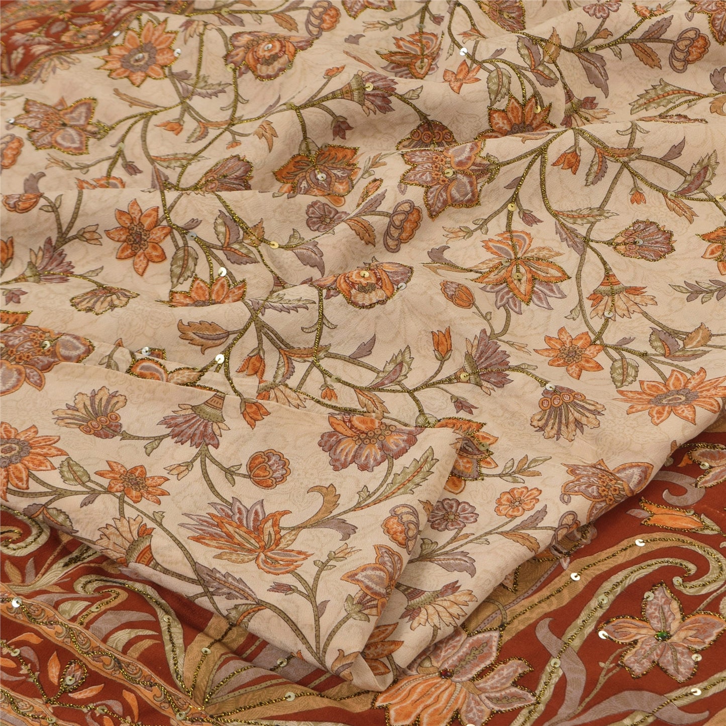 Sanskriti Vintage Sarees Hand Beaded Pure Crepe Printed Sari 5+yd Craft Sustainable Fabric