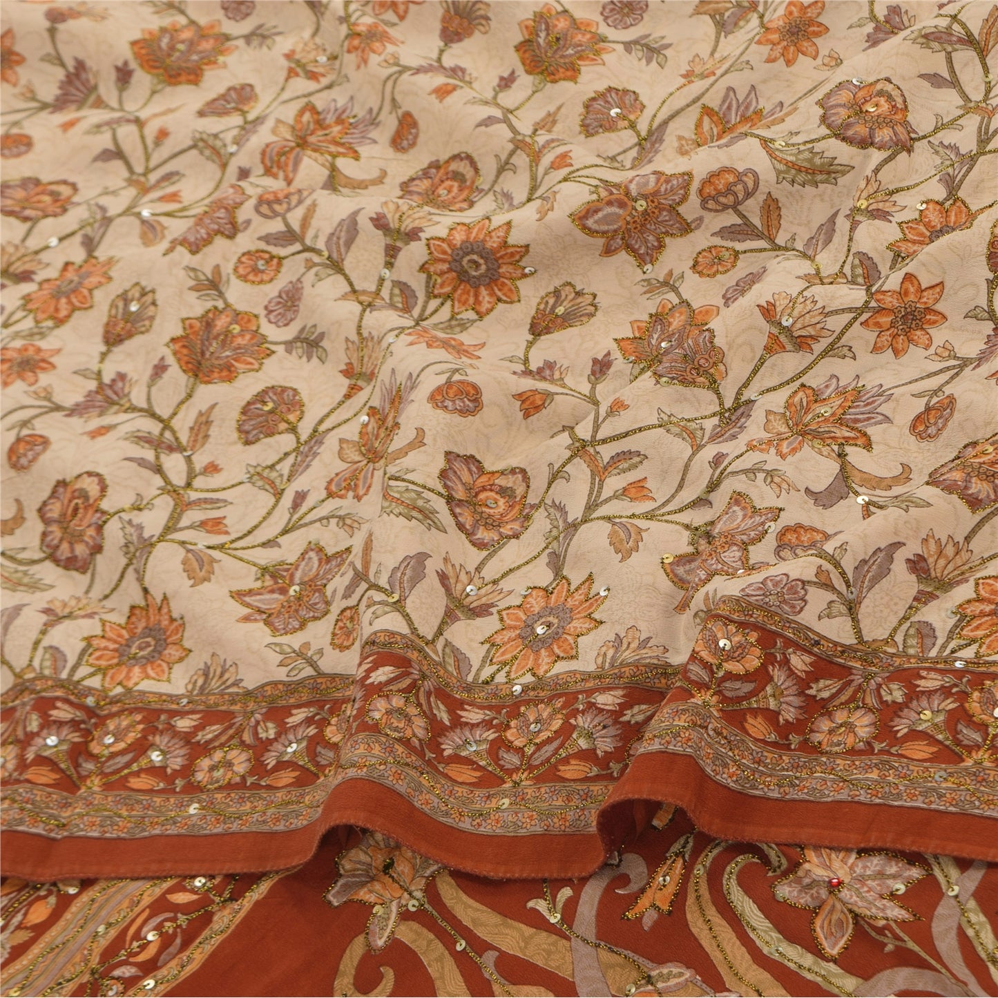 Sanskriti Vintage Sarees Hand Beaded Pure Crepe Printed Sari 5+yd Craft Sustainable Fabric