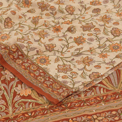 Sanskriti Vintage Sarees Hand Beaded Pure Crepe Printed Sari 5+yd Craft Sustainable Fabric