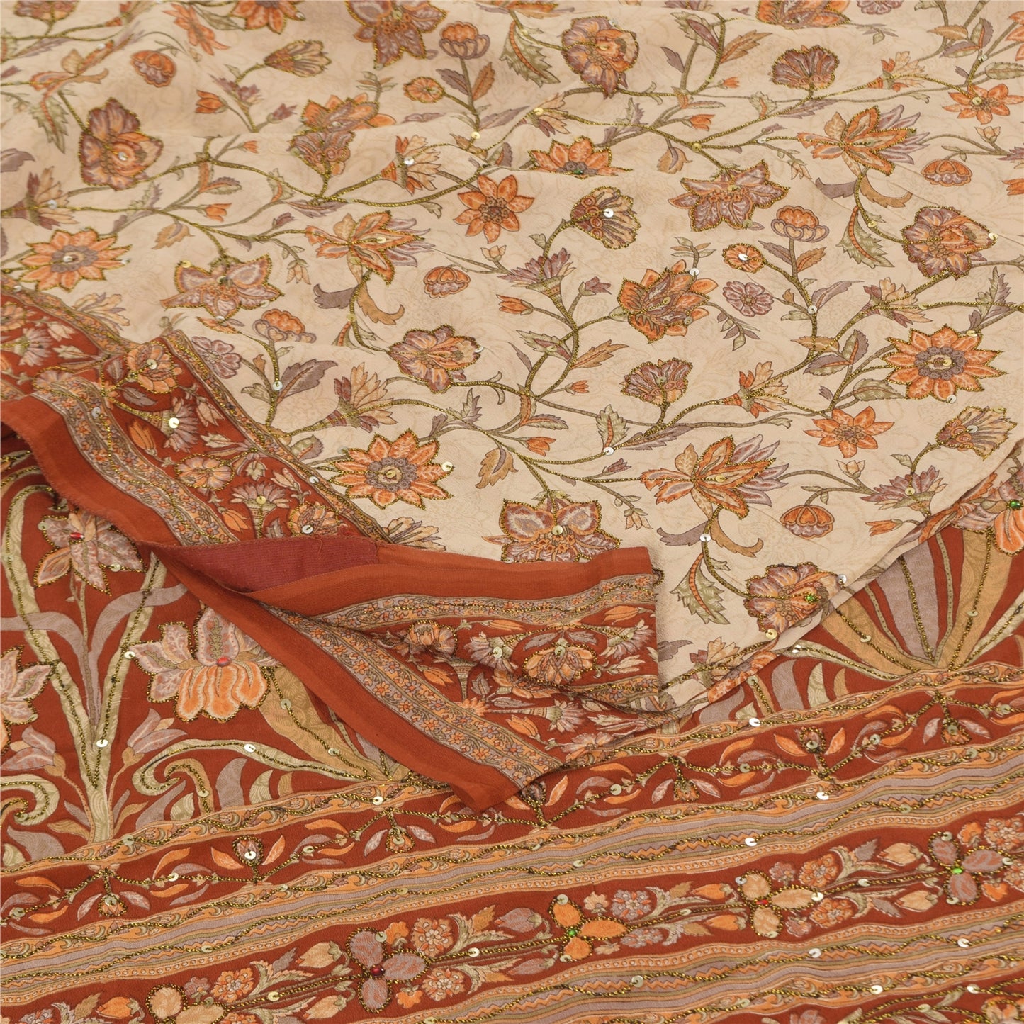 Sanskriti Vintage Sarees Hand Beaded Pure Crepe Printed Sari 5+yd Craft Sustainable Fabric