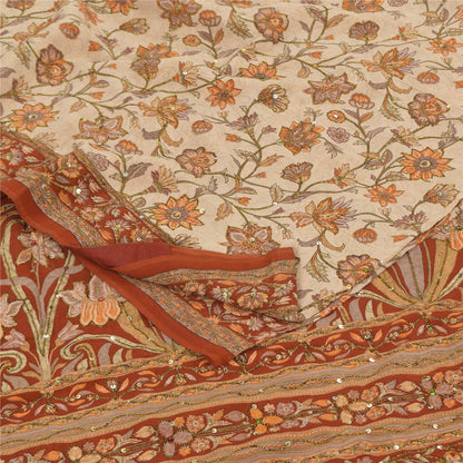 Sanskriti Vintage Sarees Hand Beaded Pure Crepe Printed Sari 5+yd Craft Sustainable Fabric