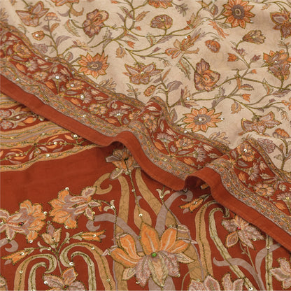 Sanskriti Vintage Sarees Hand Beaded Pure Crepe Printed Sari 5+yd Craft Sustainable Fabric