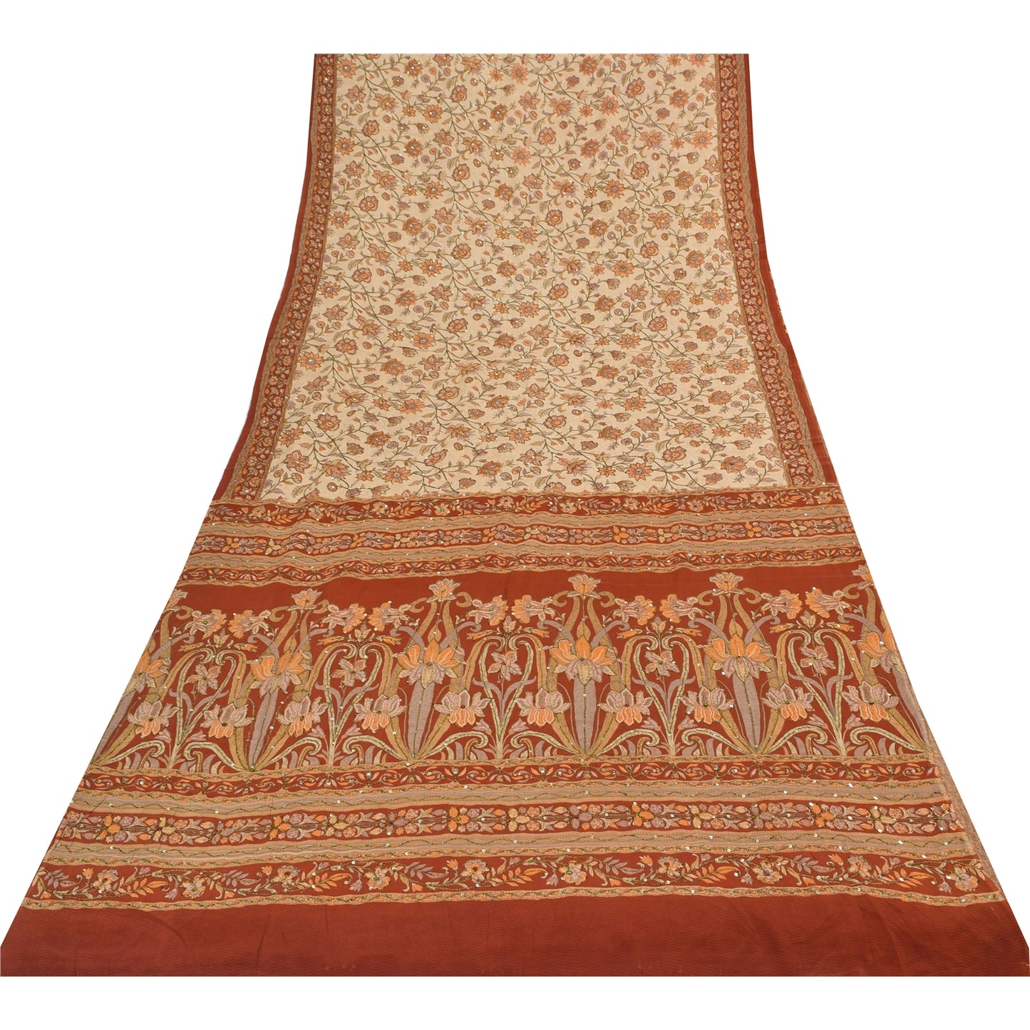 Sanskriti Vintage Sarees Hand Beaded Pure Crepe Printed Sari 5+yd Craft Sustainable Fabric