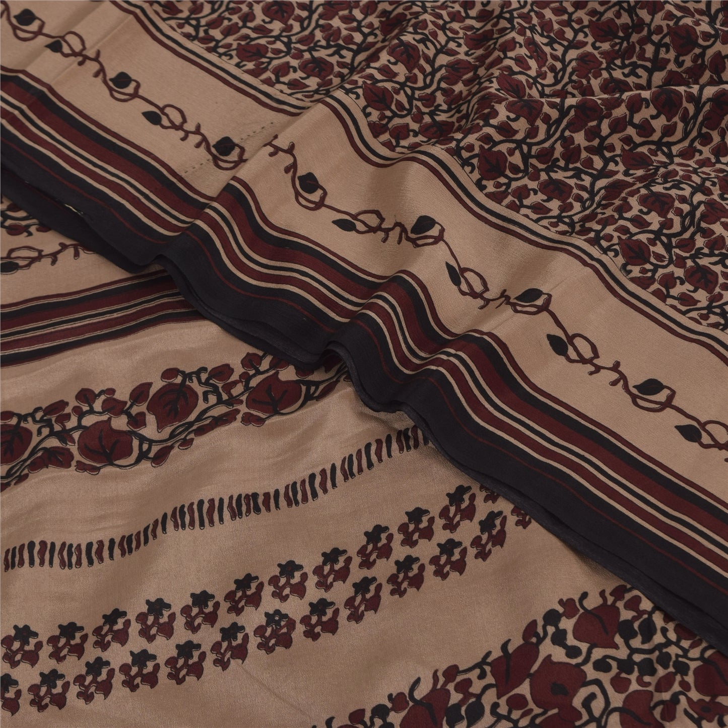 Sanskriti Vintage Sarees Dark Red Pure Crepe Silk Printed Sari 5+yd Craft Sustainable Fabric