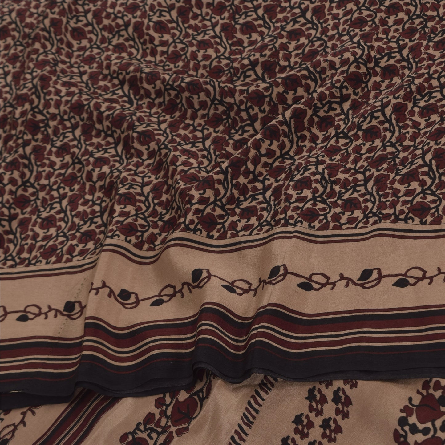 Sanskriti Vintage Sarees Dark Red Pure Crepe Silk Printed Sari 5+yd Craft Sustainable Fabric