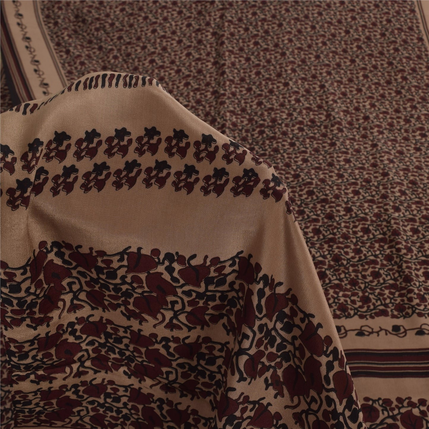 Sanskriti Vintage Sarees Dark Red Pure Crepe Silk Printed Sari 5+yd Craft Sustainable Fabric