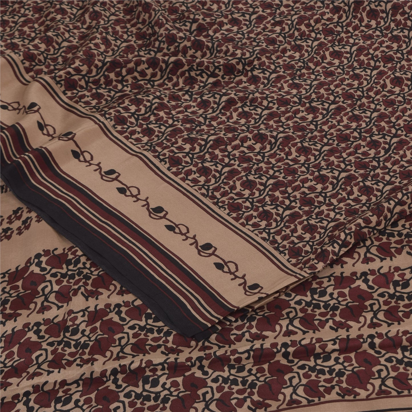 Sanskriti Vintage Sarees Dark Red Pure Crepe Silk Printed Sari 5+yd Craft Sustainable Fabric