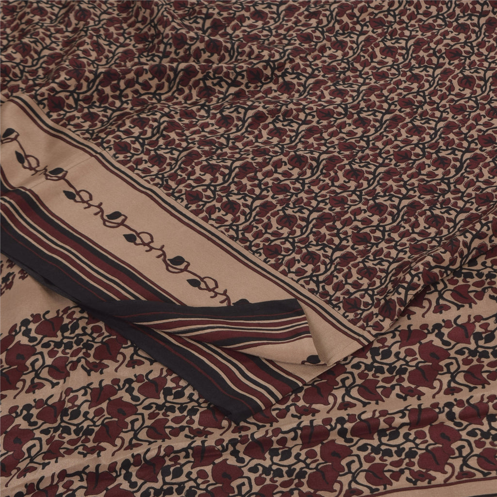 Sanskriti Vintage Sarees Dark Red Pure Crepe Silk Printed Sari 5+yd Craft Sustainable Fabric