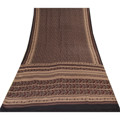 Sanskriti Vintage Sarees Dark Red Pure Crepe Silk Printed Sari 5+yd Craft Sustainable Fabric