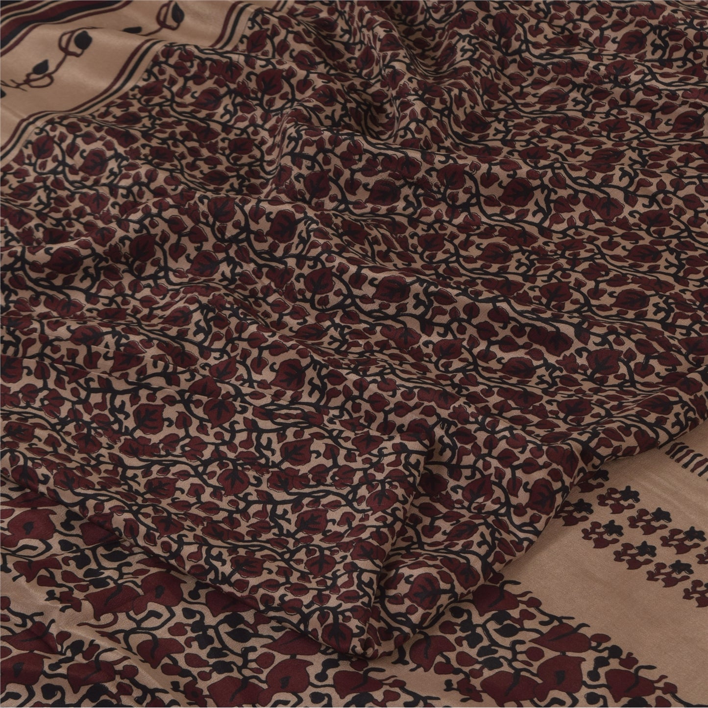 Sanskriti Vintage Sarees Dark Red Pure Crepe Silk Printed Sari 5+yd Craft Sustainable Fabric