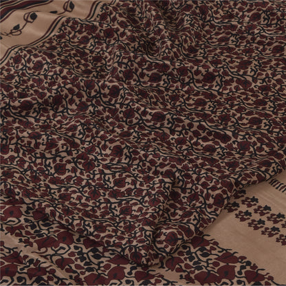 Sanskriti Vintage Sarees Dark Red Pure Crepe Silk Printed Sari 5+yd Craft Sustainable Fabric