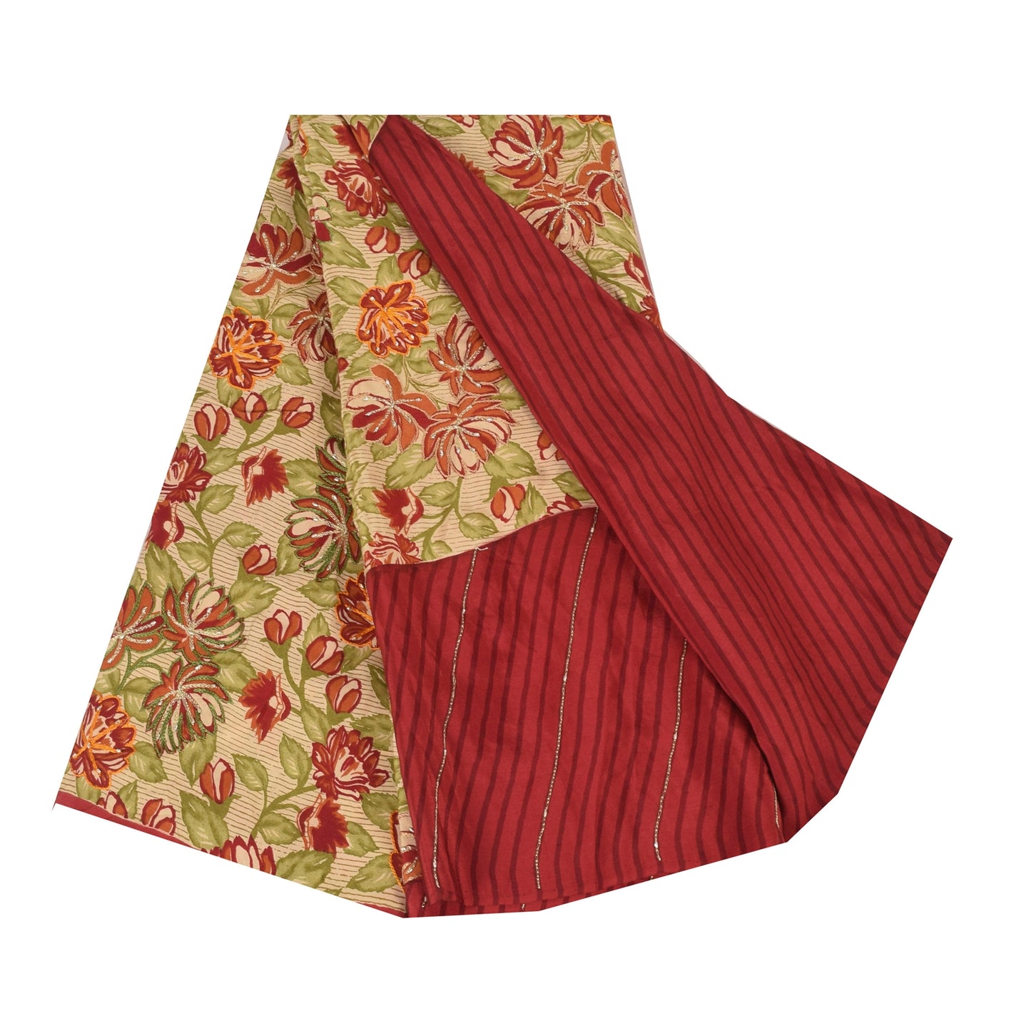 Sanskriti Vintage Sarees Red Pure Crepe Silk Hand Beaded Print Sari 5+yd Sustainable Fabric