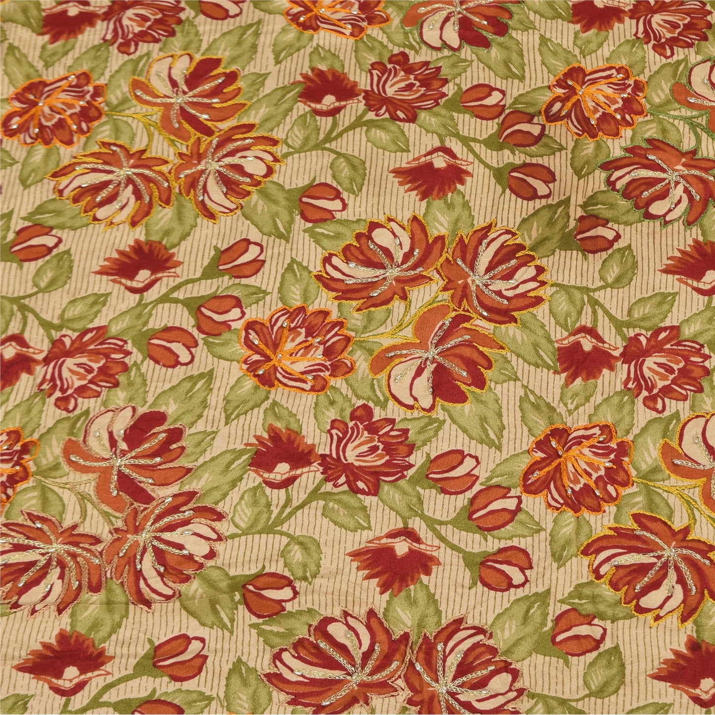 Sanskriti Vintage Sarees Red Pure Crepe Silk Hand Beaded Print Sari 5+yd Sustainable Fabric