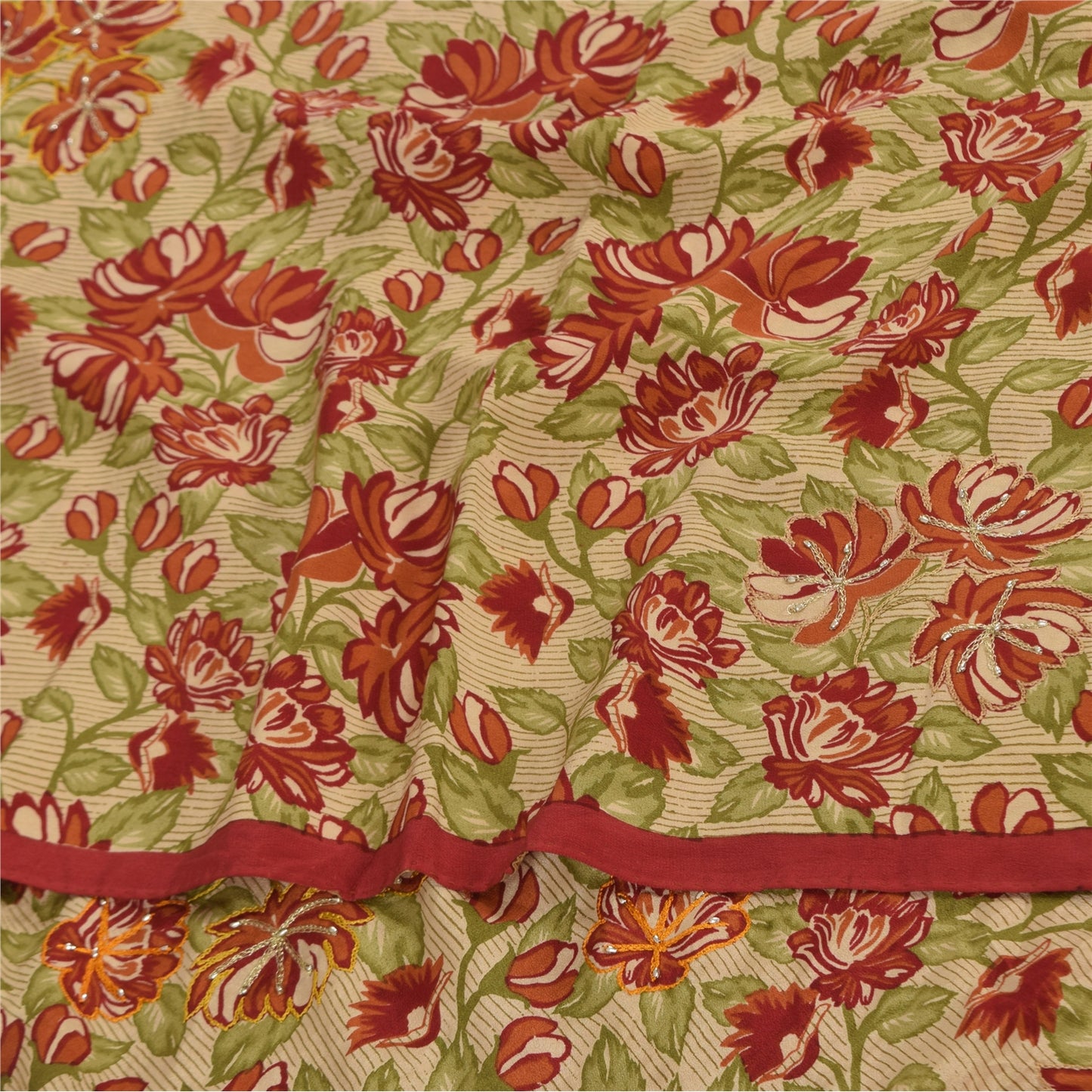 Sanskriti Vintage Sarees Red Pure Crepe Silk Hand Beaded Print Sari 5+yd Sustainable Fabric