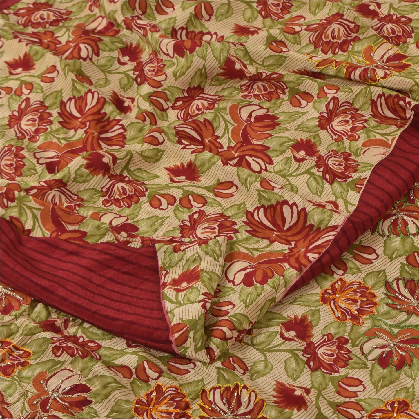 Sanskriti Vintage Sarees Red Pure Crepe Silk Hand Beaded Print Sari 5+yd Sustainable Fabric