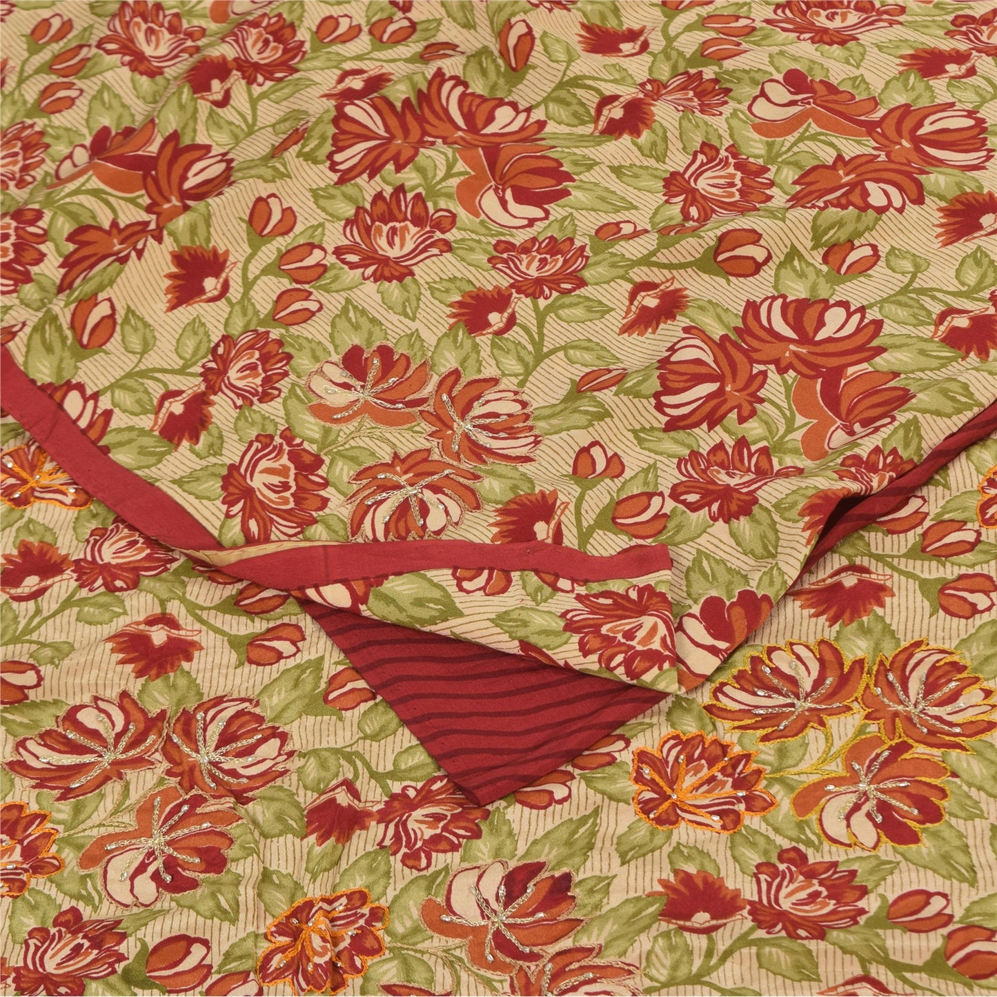 Sanskriti Vintage Sarees Red Pure Crepe Silk Hand Beaded Print Sari 5+yd Sustainable Fabric