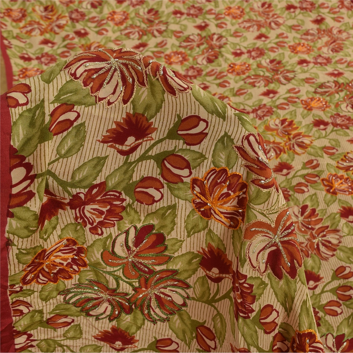 Sanskriti Vintage Sarees Red Pure Crepe Silk Hand Beaded Print Sari 5+yd Sustainable Fabric