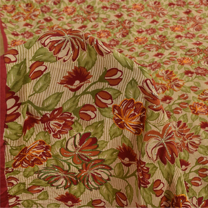 Sanskriti Vintage Sarees Red Pure Crepe Silk Hand Beaded Print Sari 5+yd Sustainable Fabric