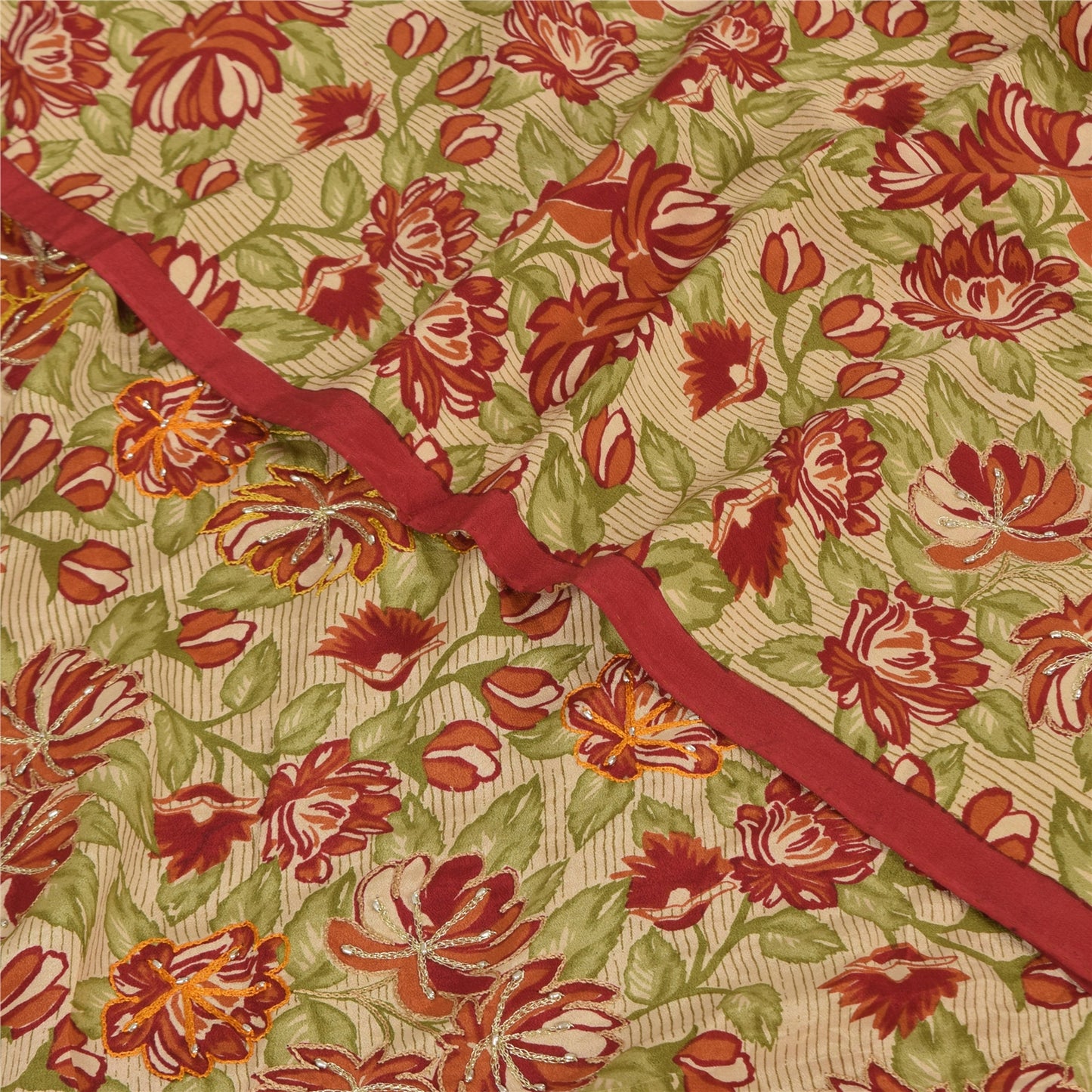 Sanskriti Vintage Sarees Red Pure Crepe Silk Hand Beaded Print Sari 5+yd Sustainable Fabric