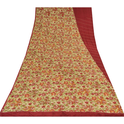 Sanskriti Vintage Sarees Red Pure Crepe Silk Hand Beaded Print Sari 5+yd Sustainable Fabric