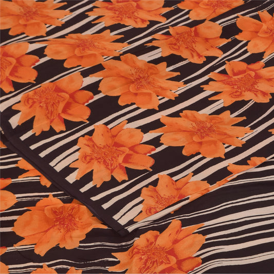 Sanskriti Vintage Sarees Black/Orange Pure Crepe Printed Sari 5+yd Craft Sustainable Fabric