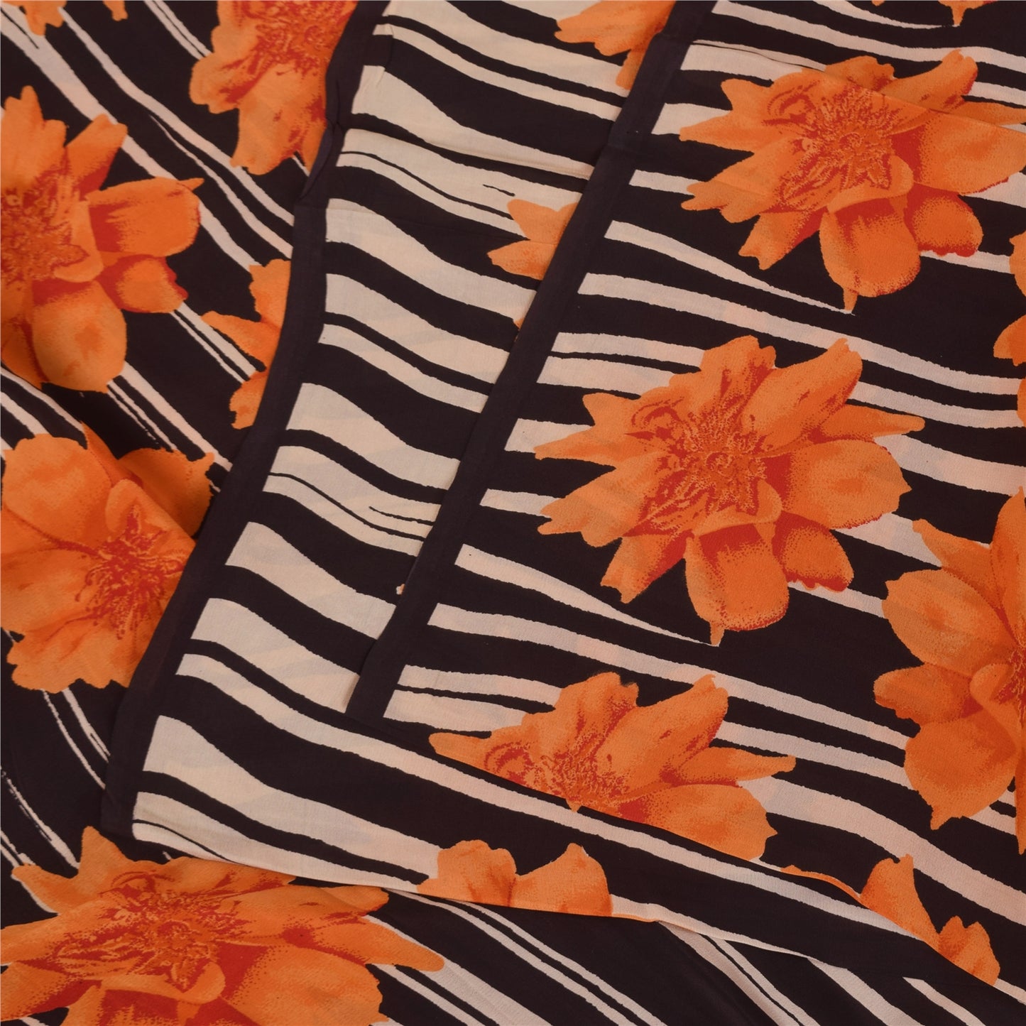 Sanskriti Vintage Sarees Black/Orange Pure Crepe Printed Sari 5+yd Craft Sustainable Fabric