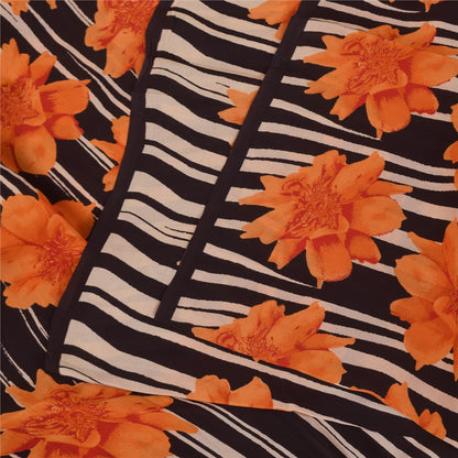 Sanskriti Vintage Sarees Black/Orange Pure Crepe Printed Sari 5+yd Craft Sustainable Fabric