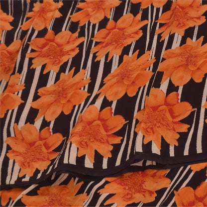Sanskriti Vintage Sarees Black/Orange Pure Crepe Printed Sari 5+yd Craft Sustainable Fabric