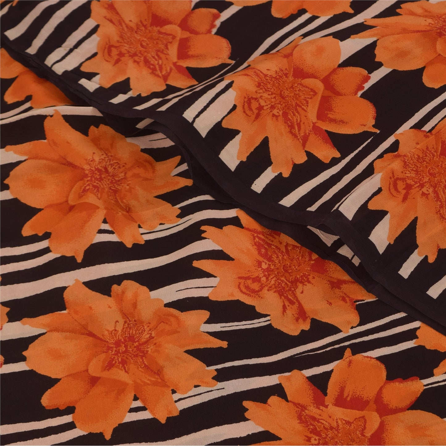 Sanskriti Vintage Sarees Black/Orange Pure Crepe Printed Sari 5+yd Craft Sustainable Fabric