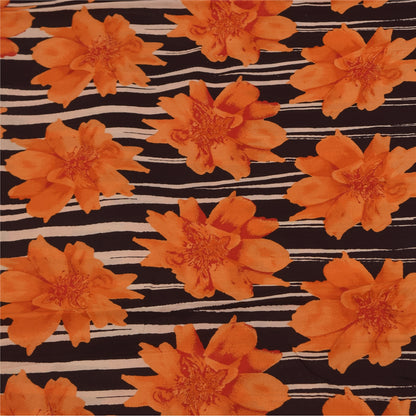 Sanskriti Vintage Sarees Black/Orange Pure Crepe Printed Sari 5+yd Craft Sustainable Fabric