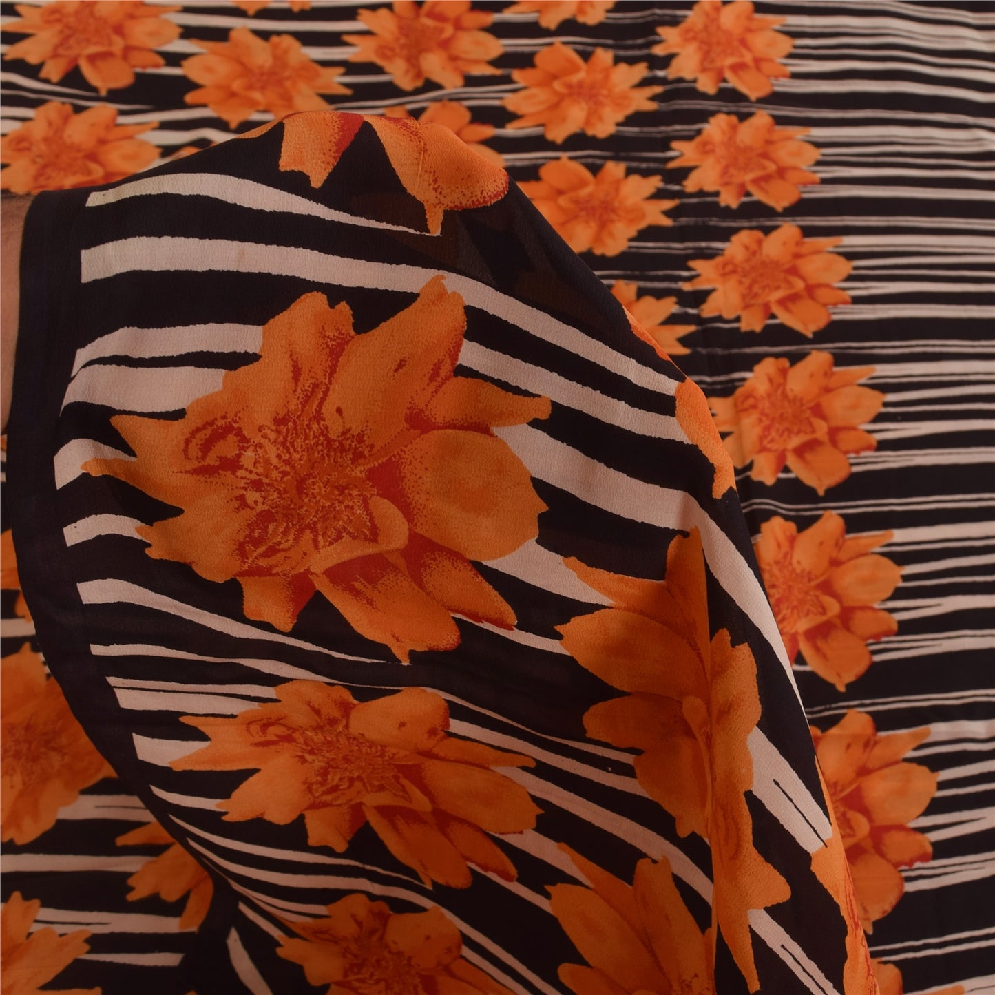 Sanskriti Vintage Sarees Black/Orange Pure Crepe Printed Sari 5+yd Craft Sustainable Fabric