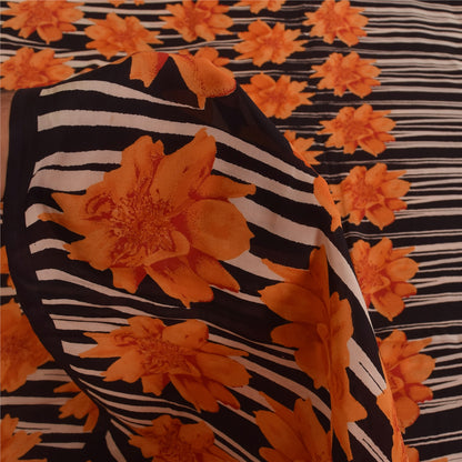 Sanskriti Vintage Sarees Black/Orange Pure Crepe Printed Sari 5+yd Craft Sustainable Fabric