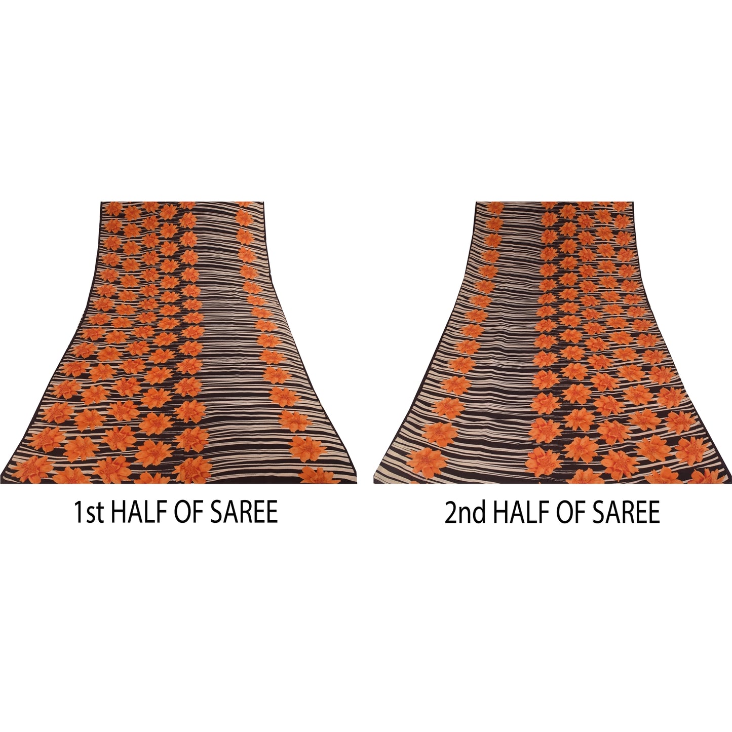 Sanskriti Vintage Sarees Black/Orange Pure Crepe Printed Sari 5+yd Craft Sustainable Fabric