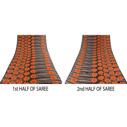 Sanskriti Vintage Sarees Black/Orange Pure Crepe Printed Sari 5+yd Craft Sustainable Fabric