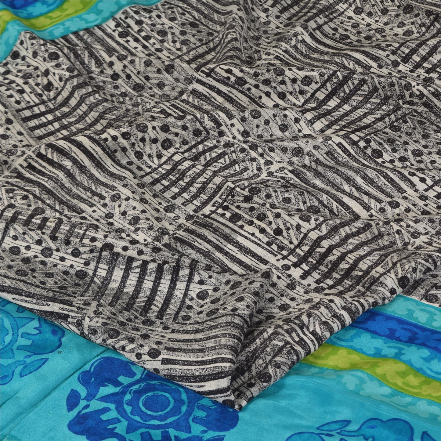 Sanskriti Vintage Sarees Black Pure Crepe Silk Printed Sari 5+yd Craft Sustainable Fabric