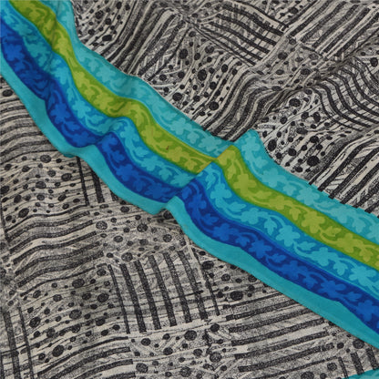 Sanskriti Vintage Sarees Black Pure Crepe Silk Printed Sari 5+yd Craft Sustainable Fabric