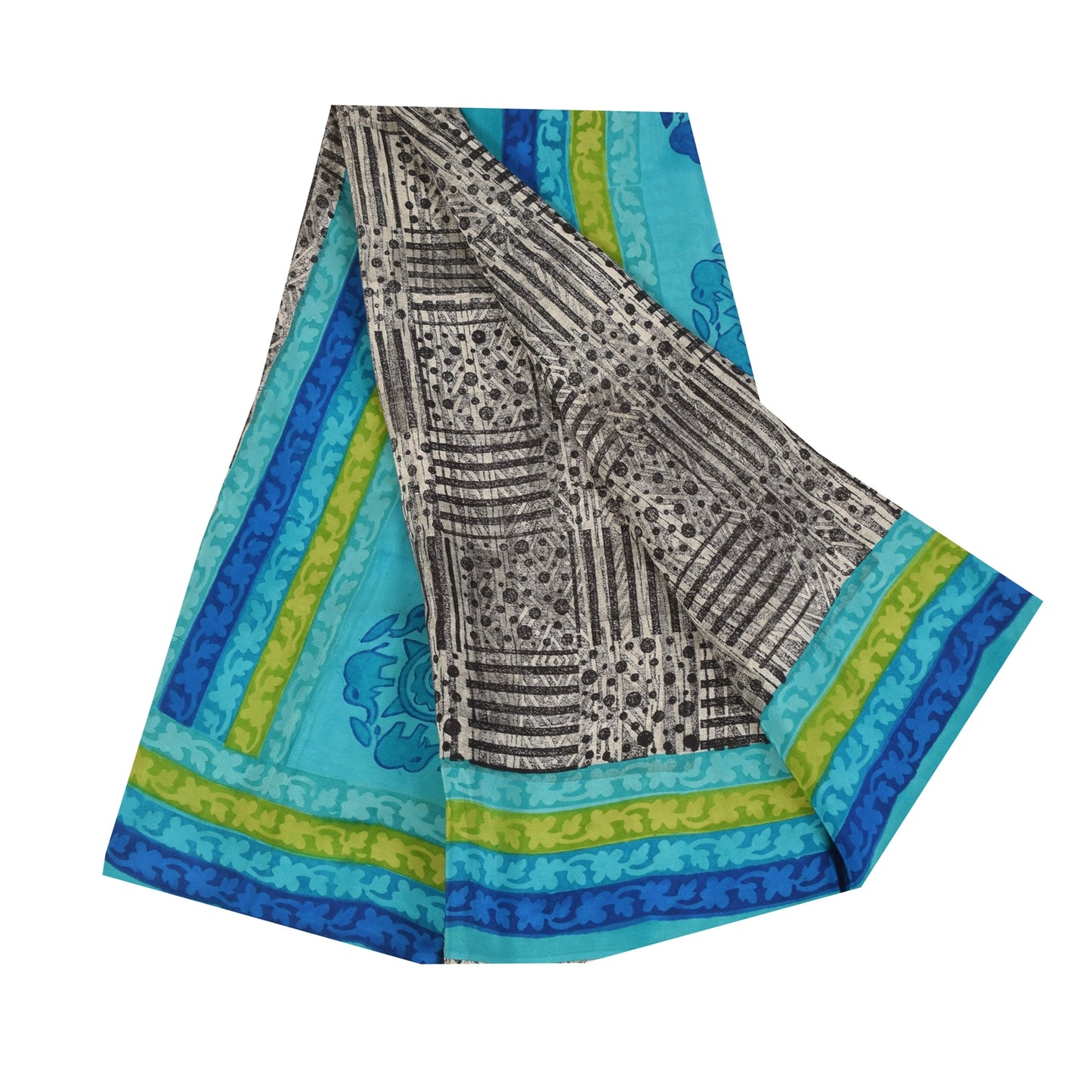 Sanskriti Vintage Sarees Black Pure Crepe Silk Printed Sari 5+yd Craft Sustainable Fabric