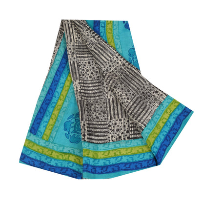 Sanskriti Vintage Sarees Black Pure Crepe Silk Printed Sari 5+yd Craft Sustainable Fabric