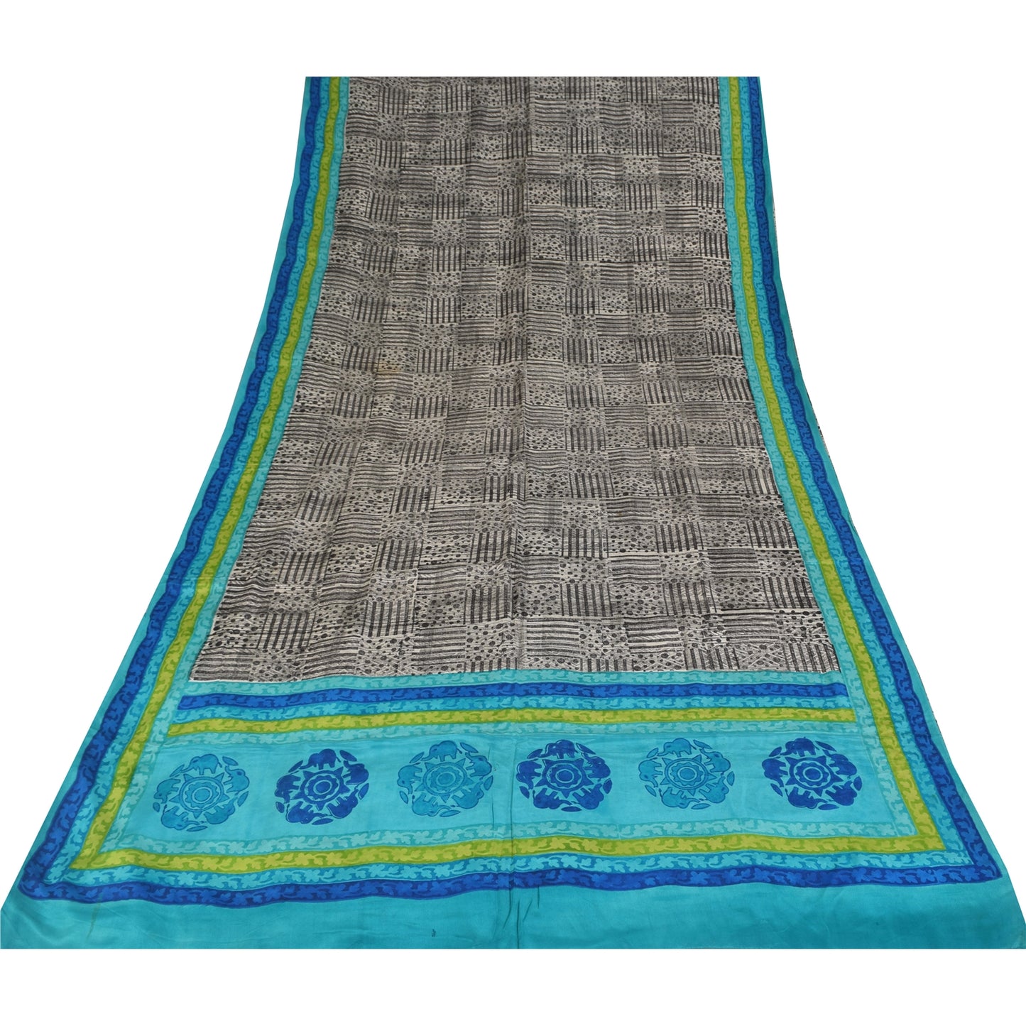 Sanskriti Vintage Sarees Black Pure Crepe Silk Printed Sari 5+yd Craft Sustainable Fabric