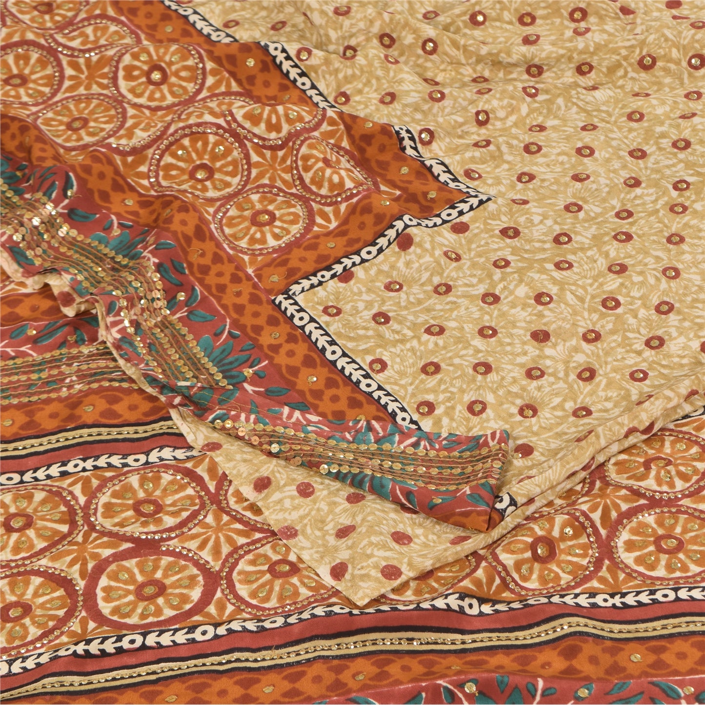 Sanskriti Vintage Sarees Embroidery Print Pure Crepe Silk Sari 5+yd Craft Sustainable Fabric