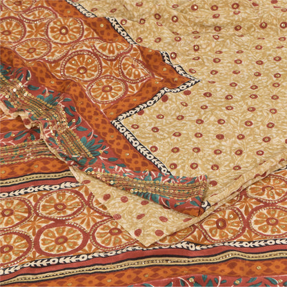 Sanskriti Vintage Sarees Embroidery Print Pure Crepe Silk Sari 5+yd Craft Sustainable Fabric