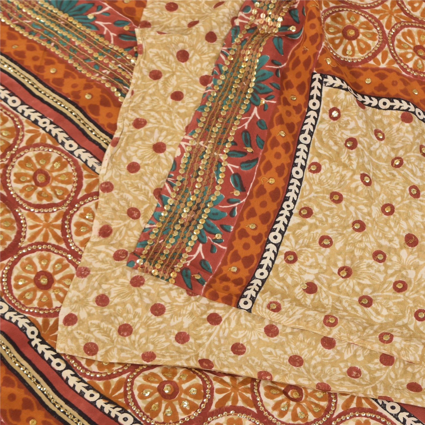 Sanskriti Vintage Sarees Embroidery Print Pure Crepe Silk Sari 5+yd Craft Sustainable Fabric