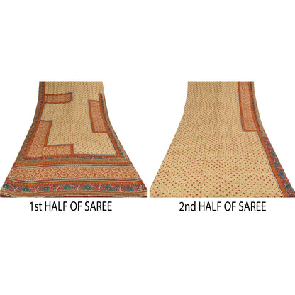 Sanskriti Vintage Sarees Embroidery Print Pure Crepe Silk Sari 5+yd Craft Sustainable Fabric