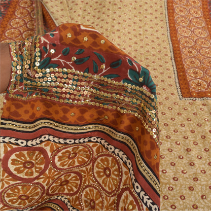 Sanskriti Vintage Sarees Embroidery Print Pure Crepe Silk Sari 5+yd Craft Sustainable Fabric