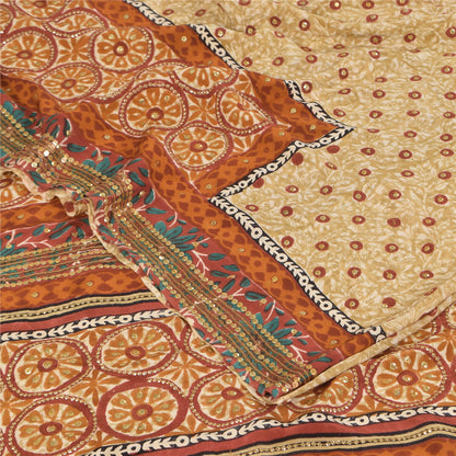 Sanskriti Vintage Sarees Embroidery Print Pure Crepe Silk Sari 5+yd Craft Sustainable Fabric