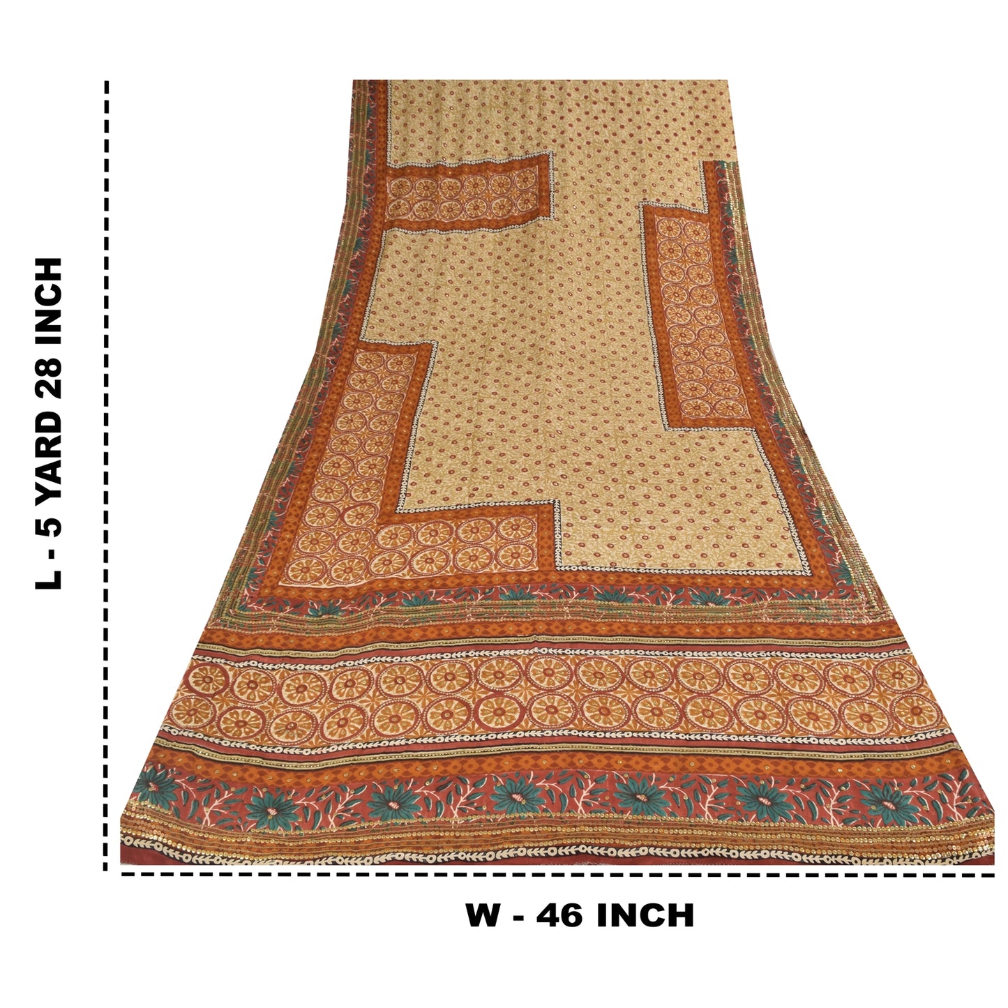 Sanskriti Vintage Sarees Embroidery Print Pure Crepe Silk Sari 5+yd Craft Sustainable Fabric