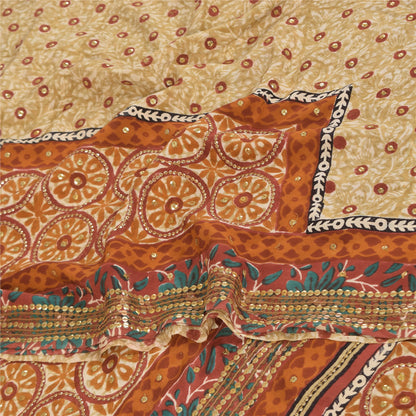 Sanskriti Vintage Sarees Embroidery Print Pure Crepe Silk Sari 5+yd Craft Sustainable Fabric