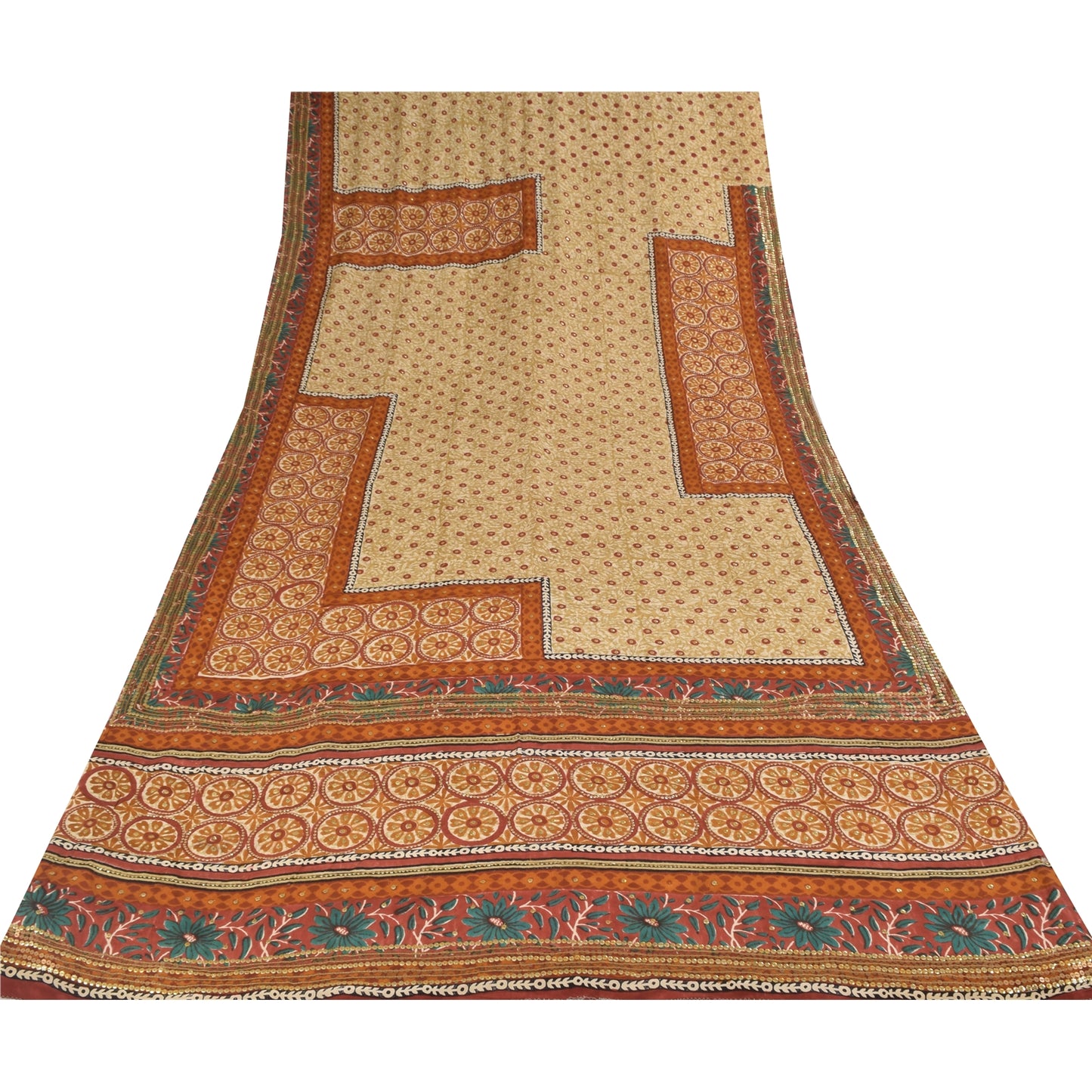 Sanskriti Vintage Sarees Embroidery Print Pure Crepe Silk Sari 5+yd Craft Sustainable Fabric