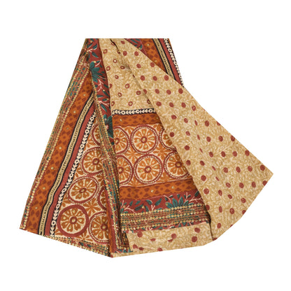 Sanskriti Vintage Sarees Embroidery Print Pure Crepe Silk Sari 5+yd Craft Sustainable Fabric